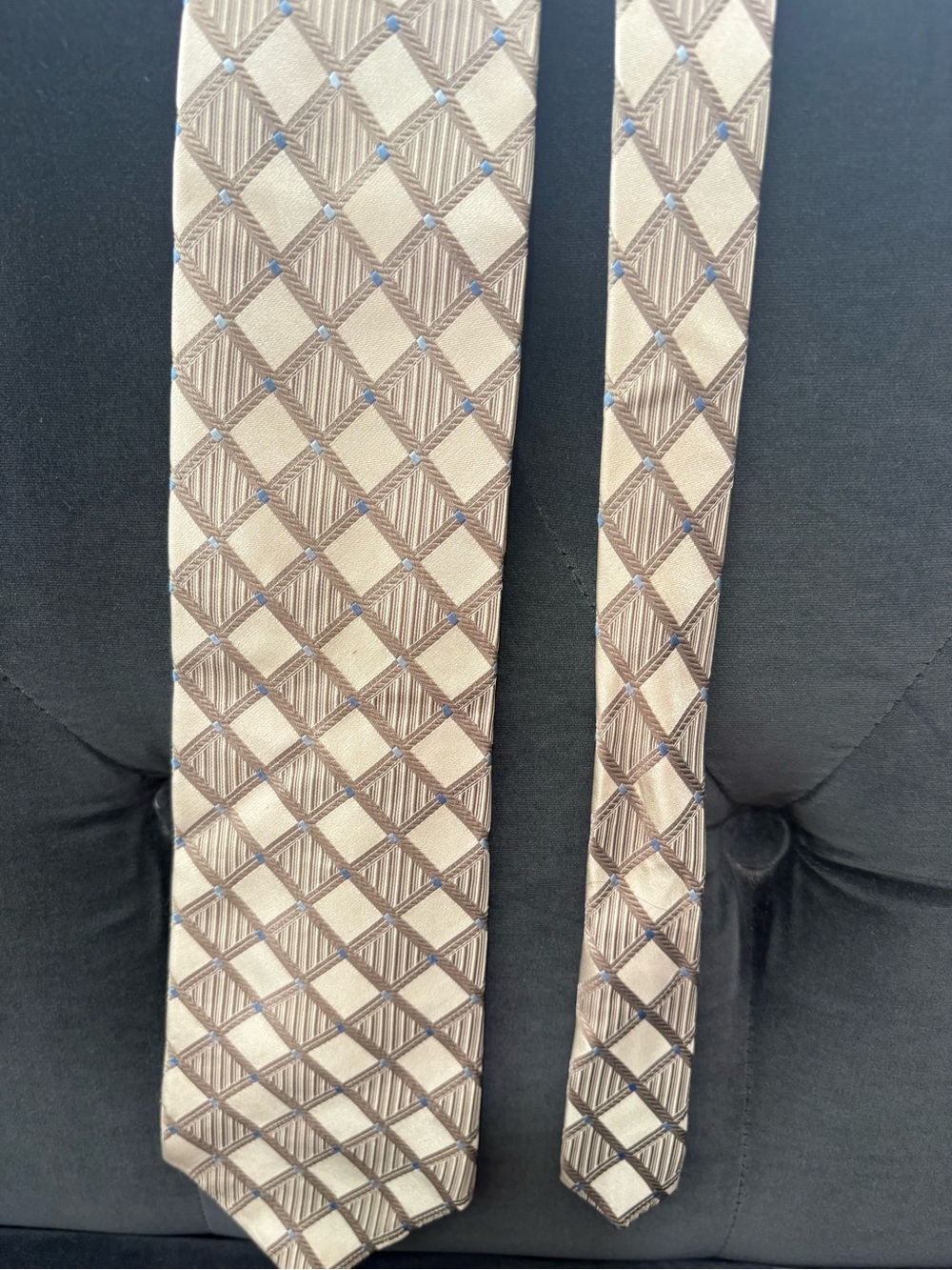Michael Kors Beige and Brown Diamond-Pattern Silk Tie with Blue Accents